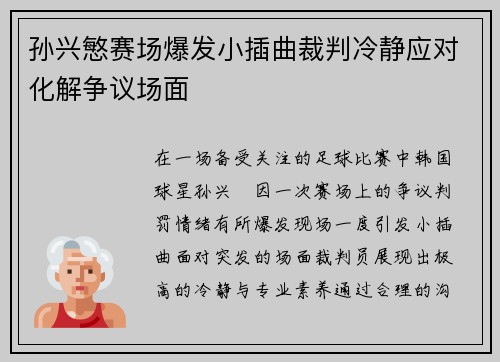 孙兴慜赛场爆发小插曲裁判冷静应对化解争议场面