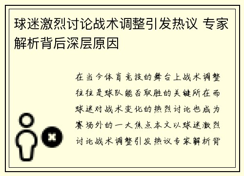 球迷激烈讨论战术调整引发热议 专家解析背后深层原因