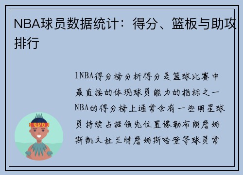 NBA球员数据统计：得分、篮板与助攻排行